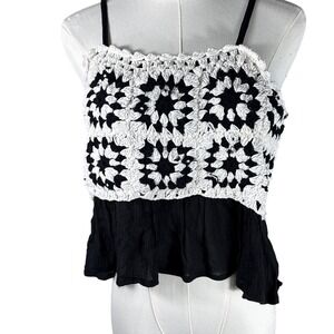Rebellion Again Black White Crochet Floral Peplum Camisole Top Medium Boho Tie